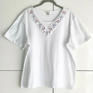 Christopher & Banks Embroidered T Shirt XL V Neck Pearls Sequins USA Olympics